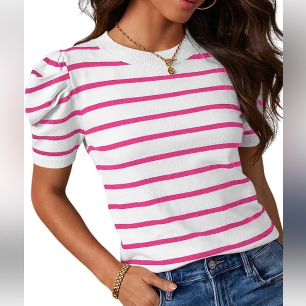 DKNYStriped Puff Sleeve Sweater - Pink and White
